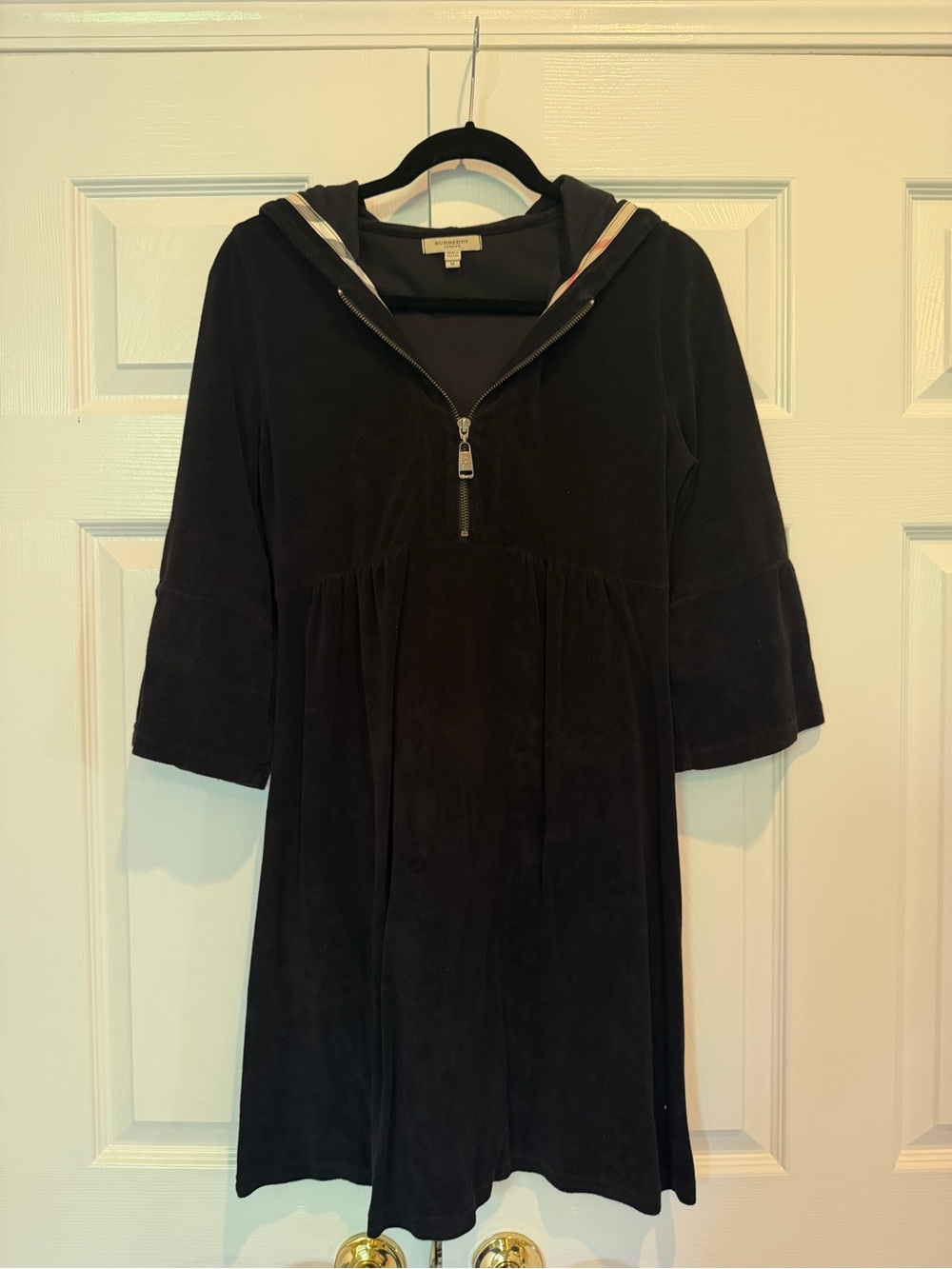 Burberry London Black Cotton Terry Cloth Nova Check Trim Hooded Cover Up M